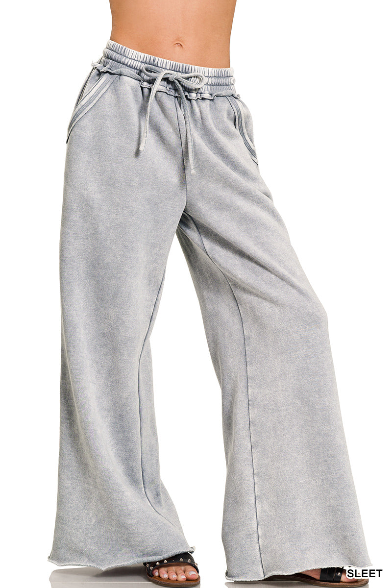 Acid Wash Fleece Palazzo Sweatpants with Pockets Zenana Wide Leg