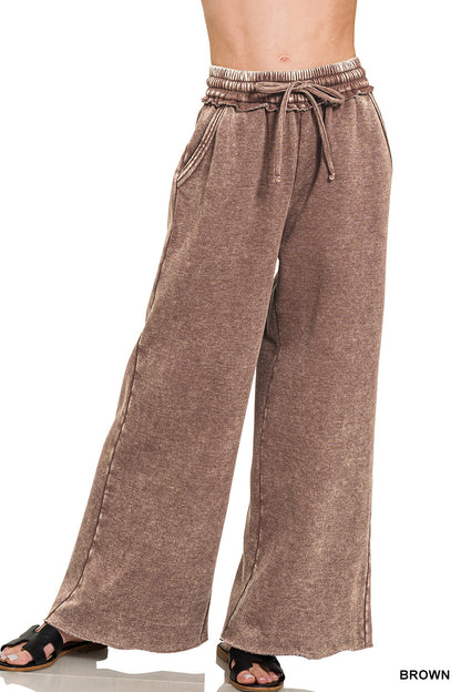 Acid Wash Fleece Palazzo Sweatpants with Pockets Zenana Wide Leg