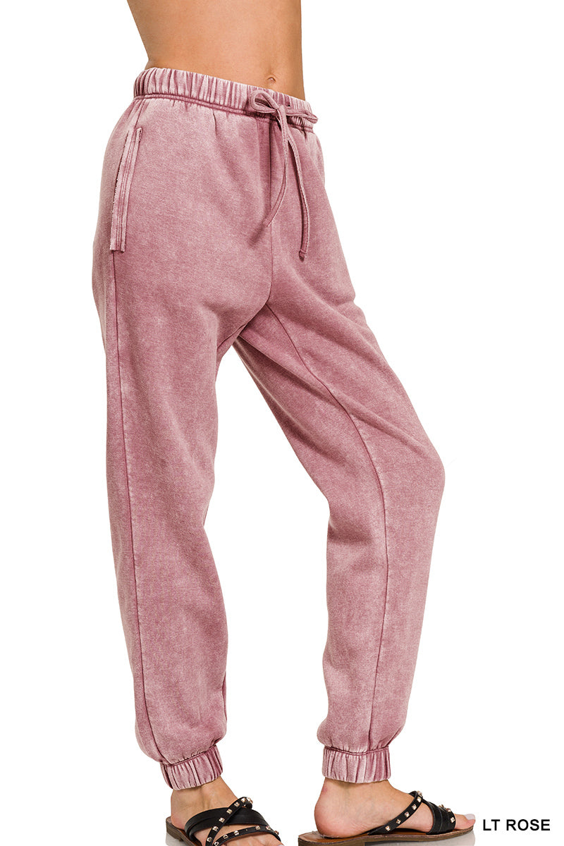 Acid Wash fleece Sweatpants with pockets Zenana