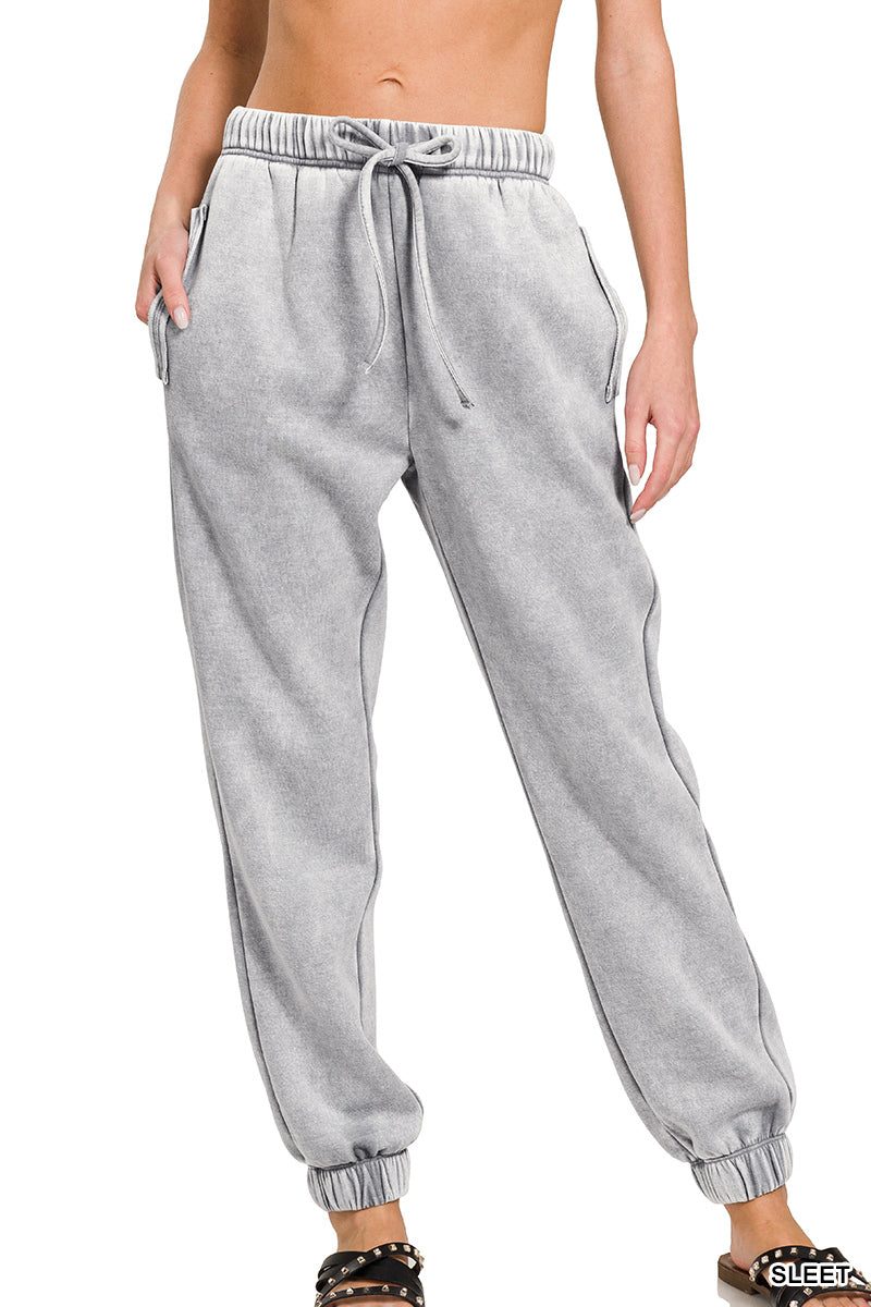 Acid Wash fleece Sweatpants with pockets Zenana