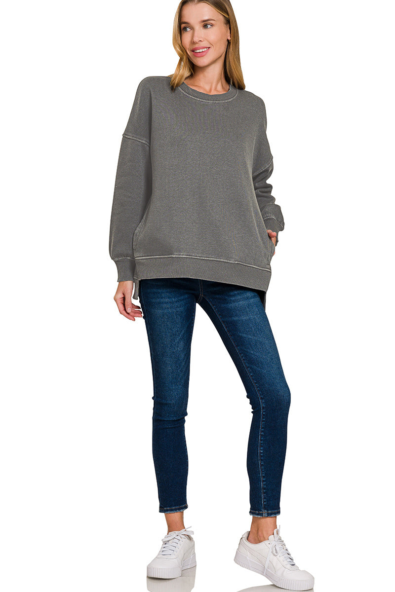 Pigment Dye Fleece Hi-Low Hem Pullover with Pocket Zenana