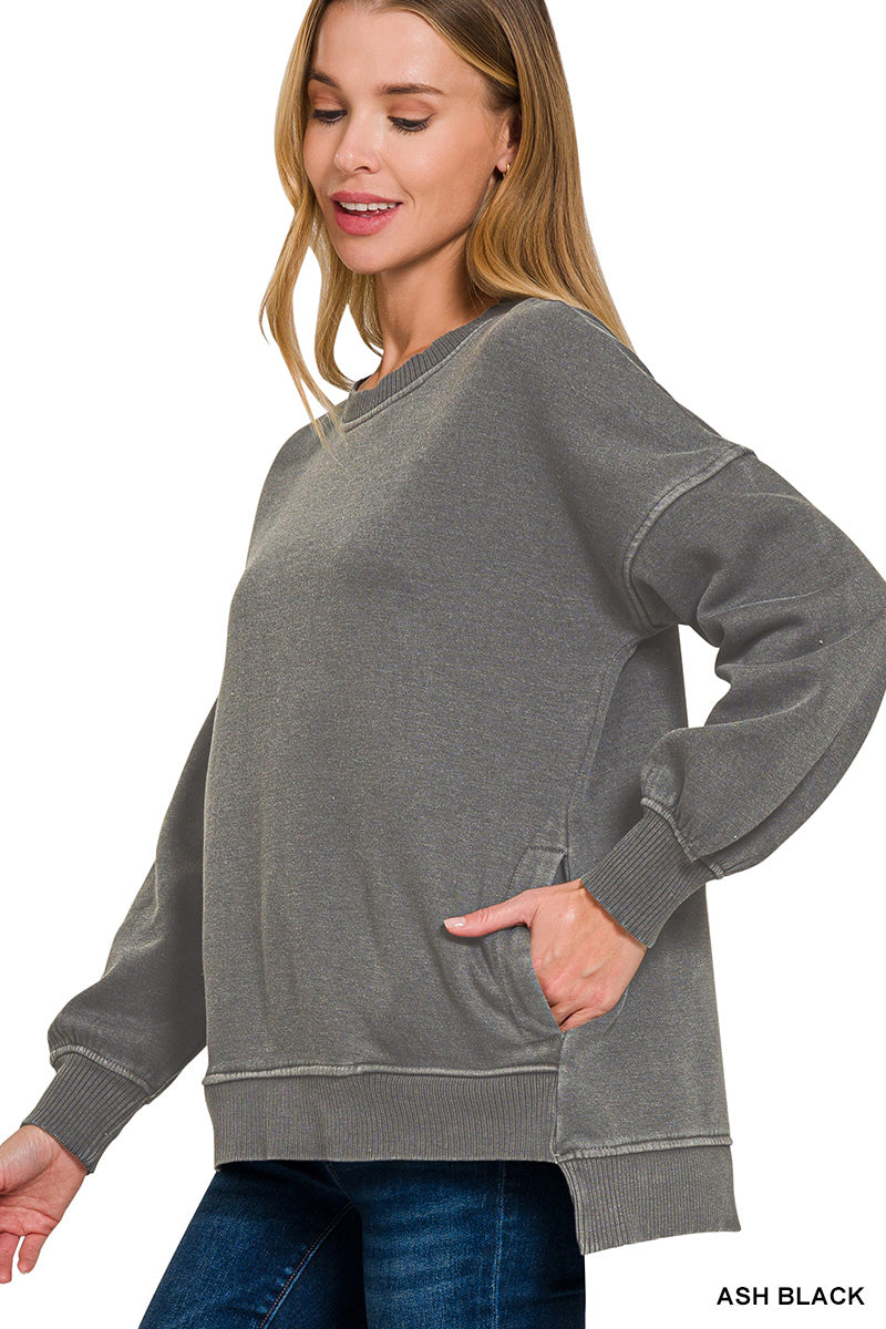 Pigment Dye Fleece Hi-Low Hem Pullover with Pocket Zenana