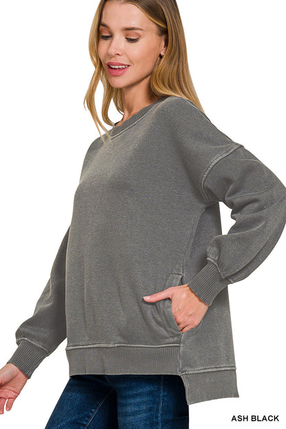Pigment Dye Fleece Hi-Low Hem Pullover with Pocket Zenana