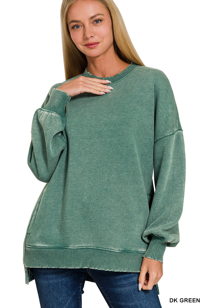 Acid Wash Fleece Hi-Low Hem Pullover with Pockets Zenana