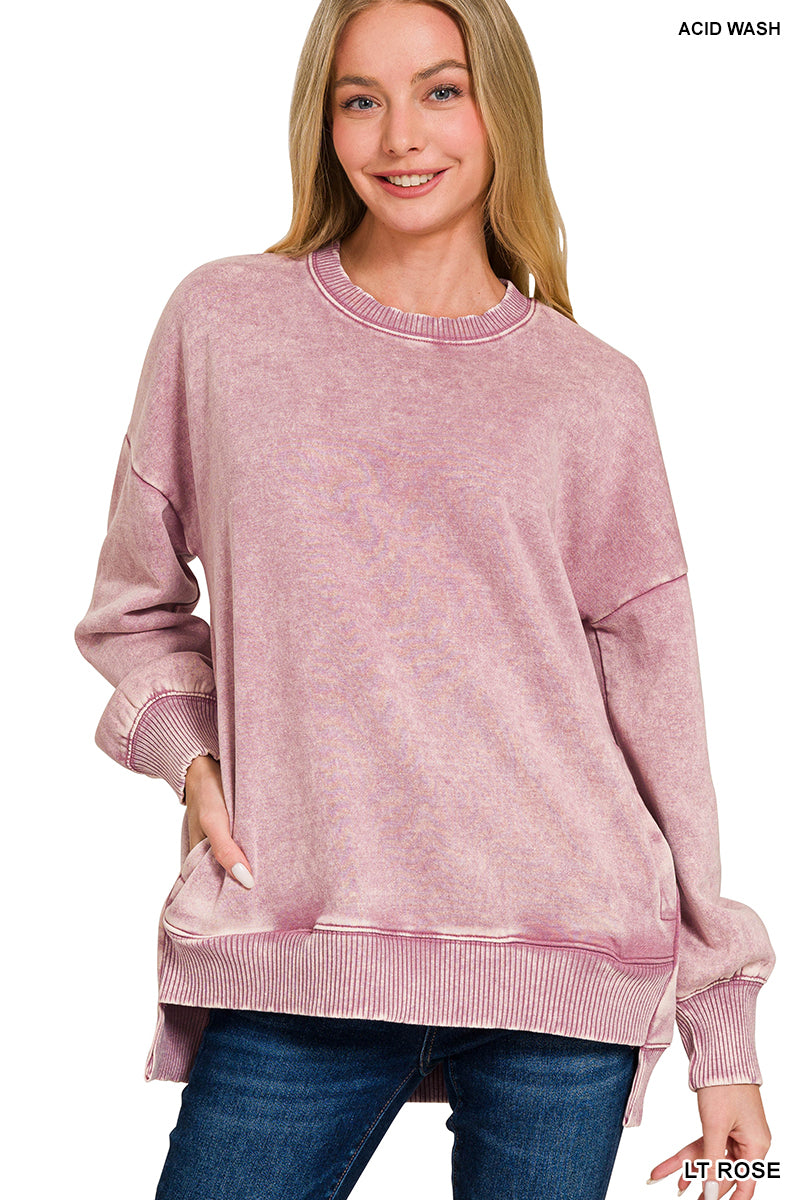 Acid Wash Fleece Hi-Low Hem Pullover with Pockets Zenana