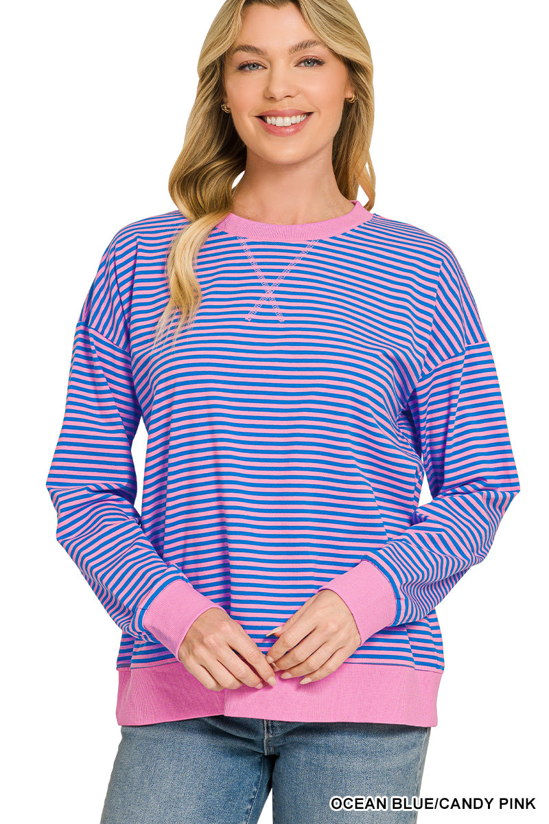 Zenana Striped Rib Banded Pullover 3591Y