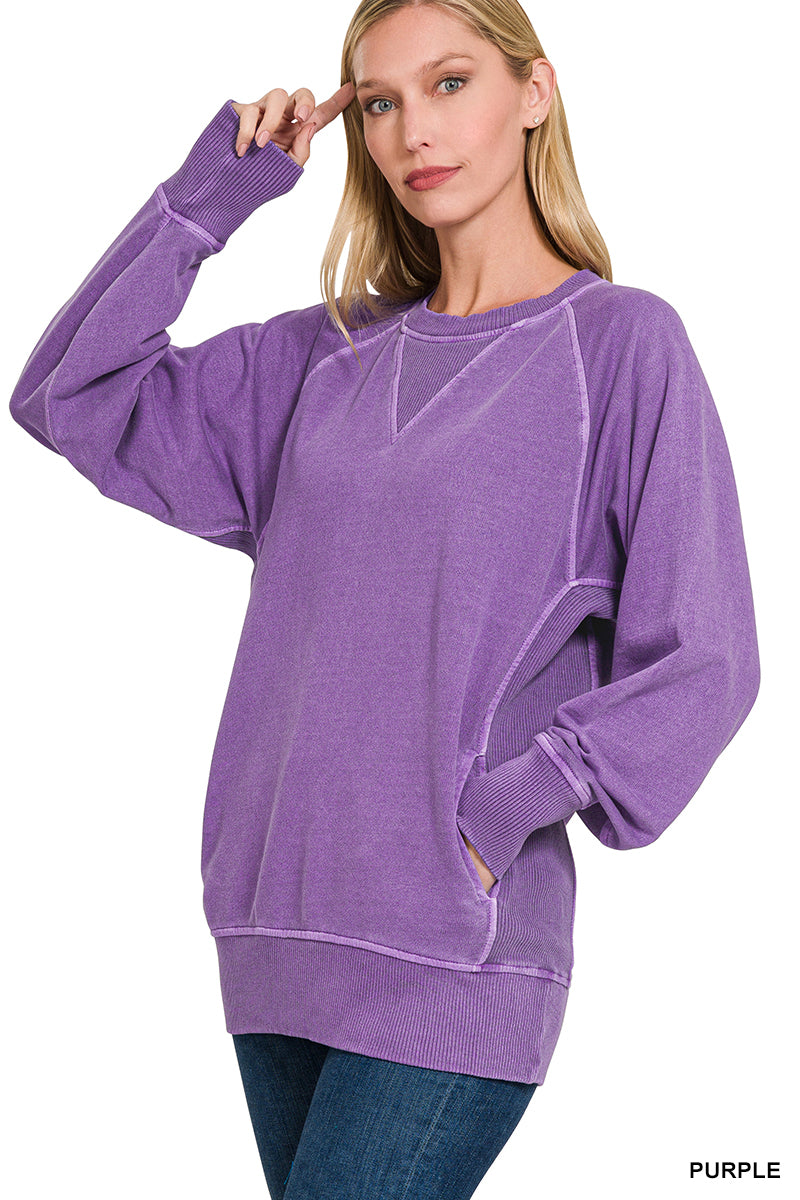 Pigment Dyed French Terry Pullover with Pockets Sweatshirt Zenana