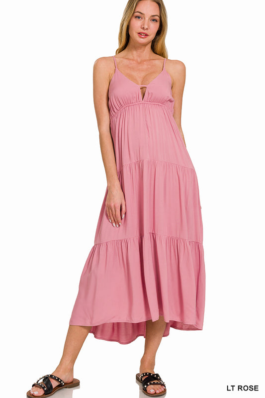 Woven Sweetheart Neckline Tiered Cami Midi Dress