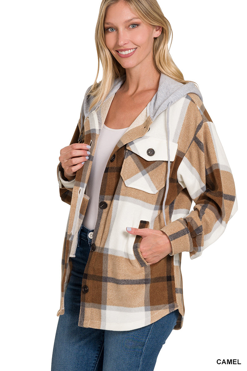 Zenana Plaid Drawstring Hooded Fleece Shacket