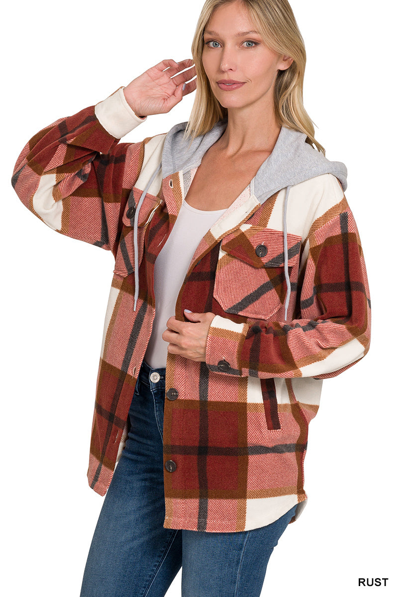 Zenana Plaid Drawstring Hooded Fleece Shacket