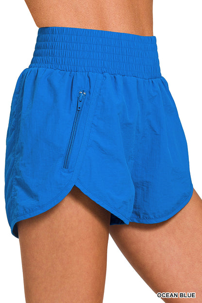 Windbreaker Smocked Waistband Running Shorts Zenana