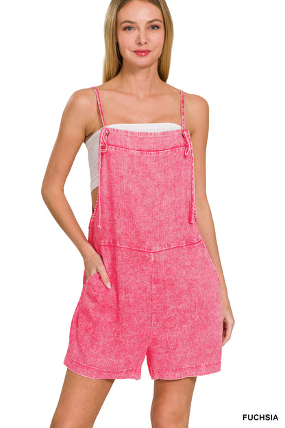 Washed linen knot strap romper Zenana