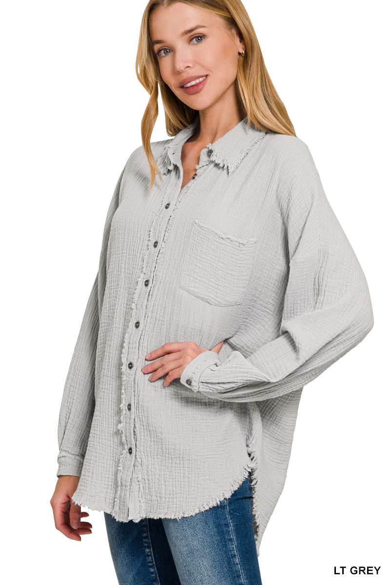 Double gauze oversized raw edge button down Shirt Zenana