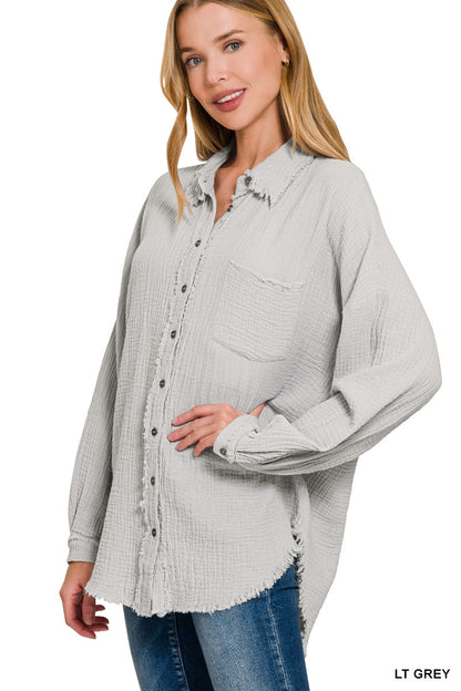 Double gauze oversized raw edge button down Shirt Zenana