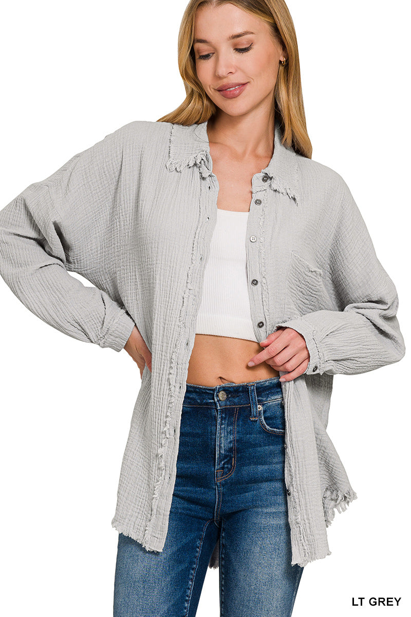 Double gauze oversized raw edge button down Shirt Zenana