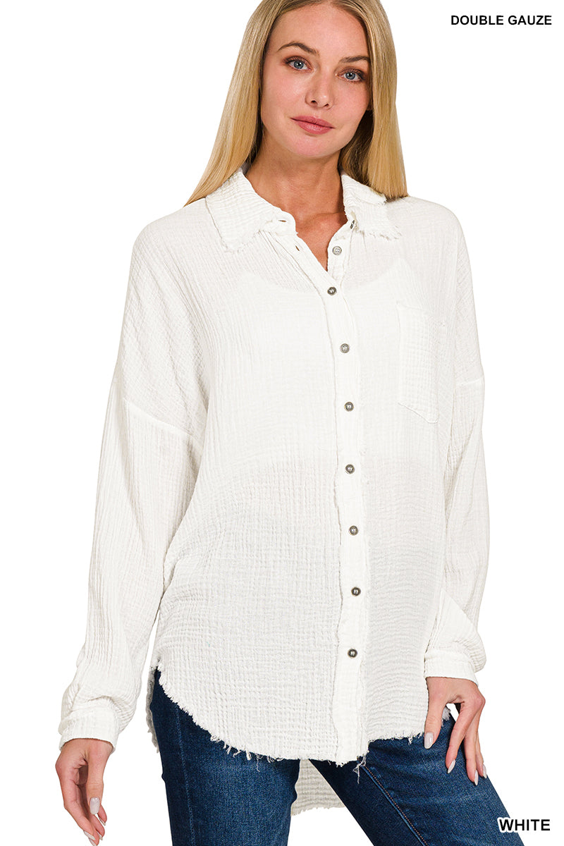 Double gauze oversized raw edge button down Shirt Zenana