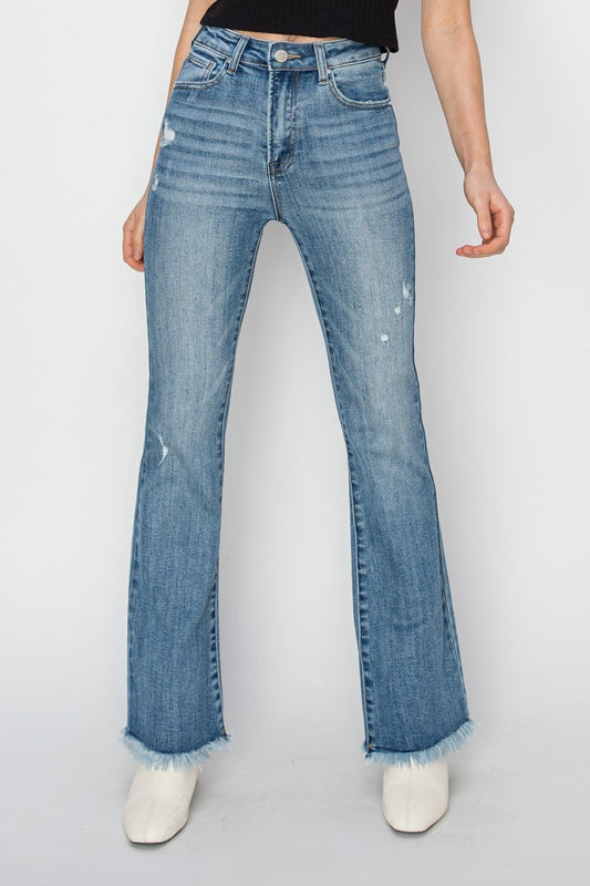 High Rise Vintage Frayed Hem Bootcut Jeans Risen