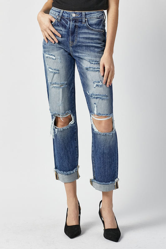 High Rise Boyfriend Destroyed Jeans Risen