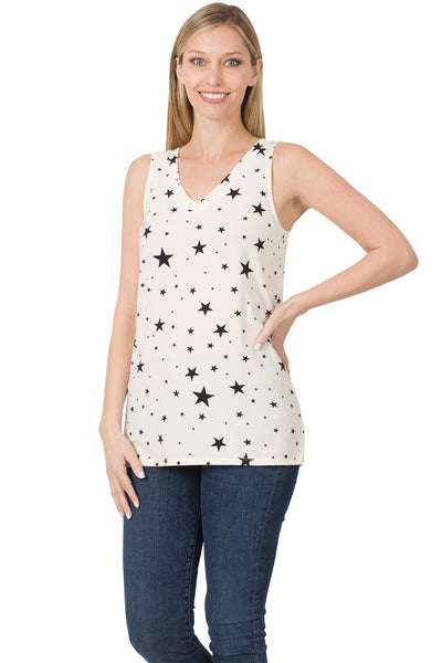 Star Print Sleeveless Top Shirt V-neck Zenana