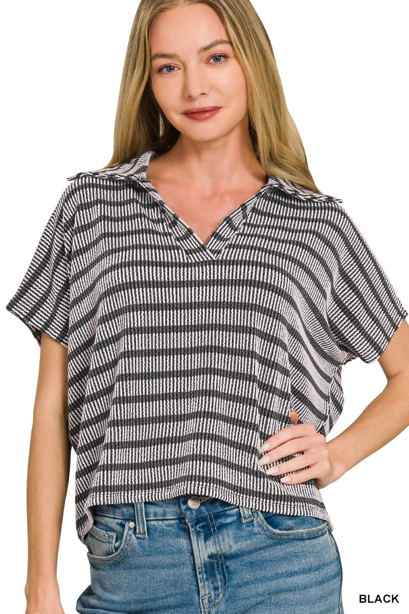 Zenana Raised Rib Striped Collared Top Shirt