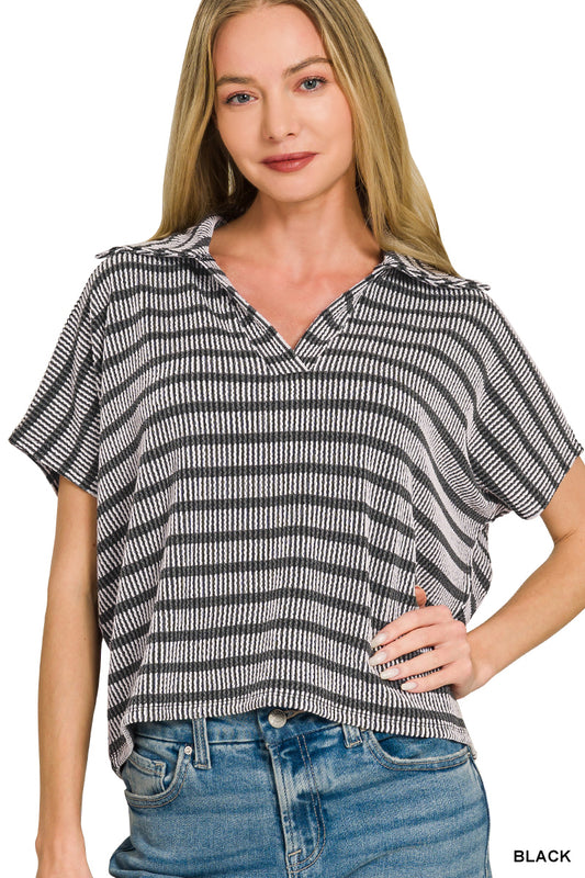 Zenana Raised Rib Striped Collared Top Shirt