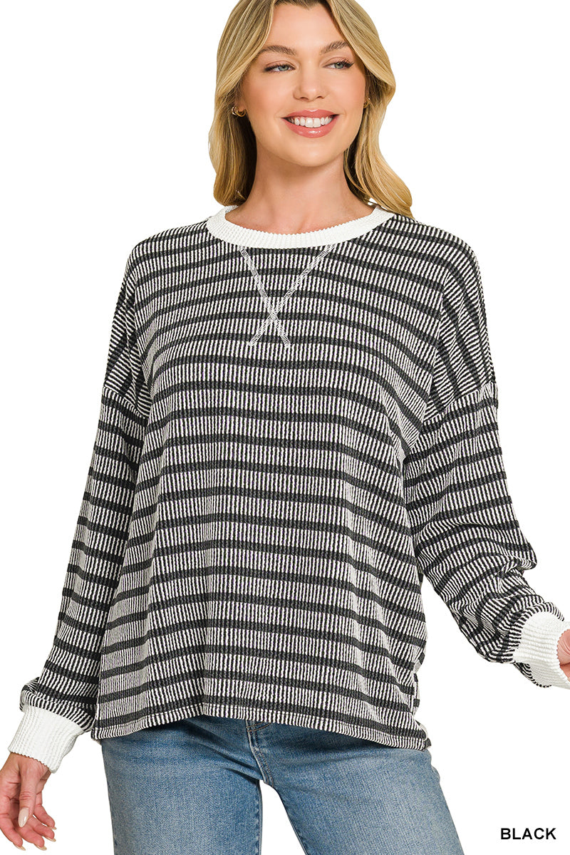 Zenana Raised Rib Striped Round Neck Pullover