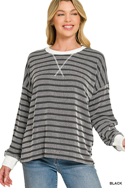 Zenana Raised Rib Striped Round Neck Pullover