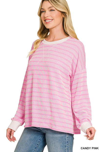 Zenana Raised Rib Striped Round Neck Pullover
