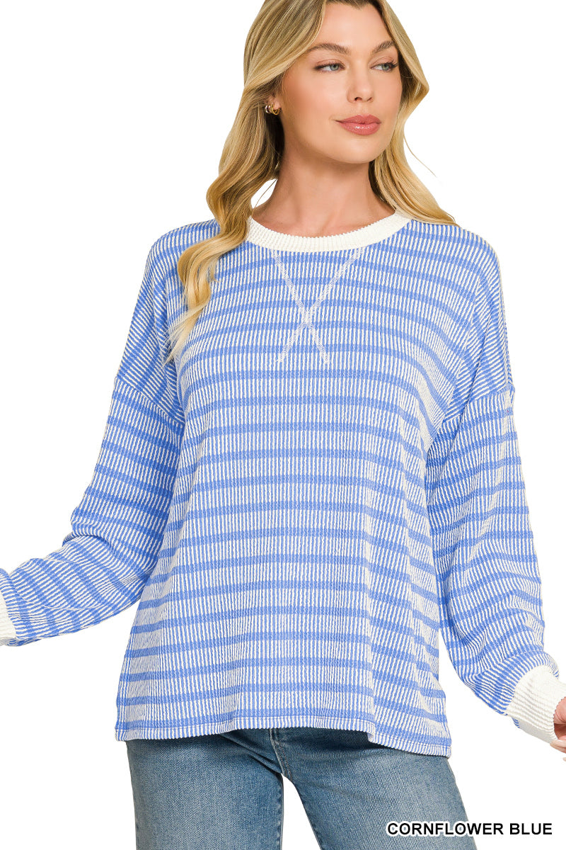 Zenana Raised Rib Striped Round Neck Pullover