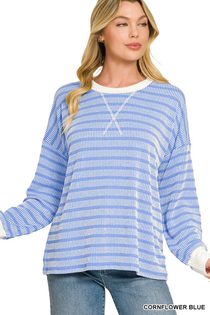 Zenana Raised Rib Striped Round Neck Pullover
