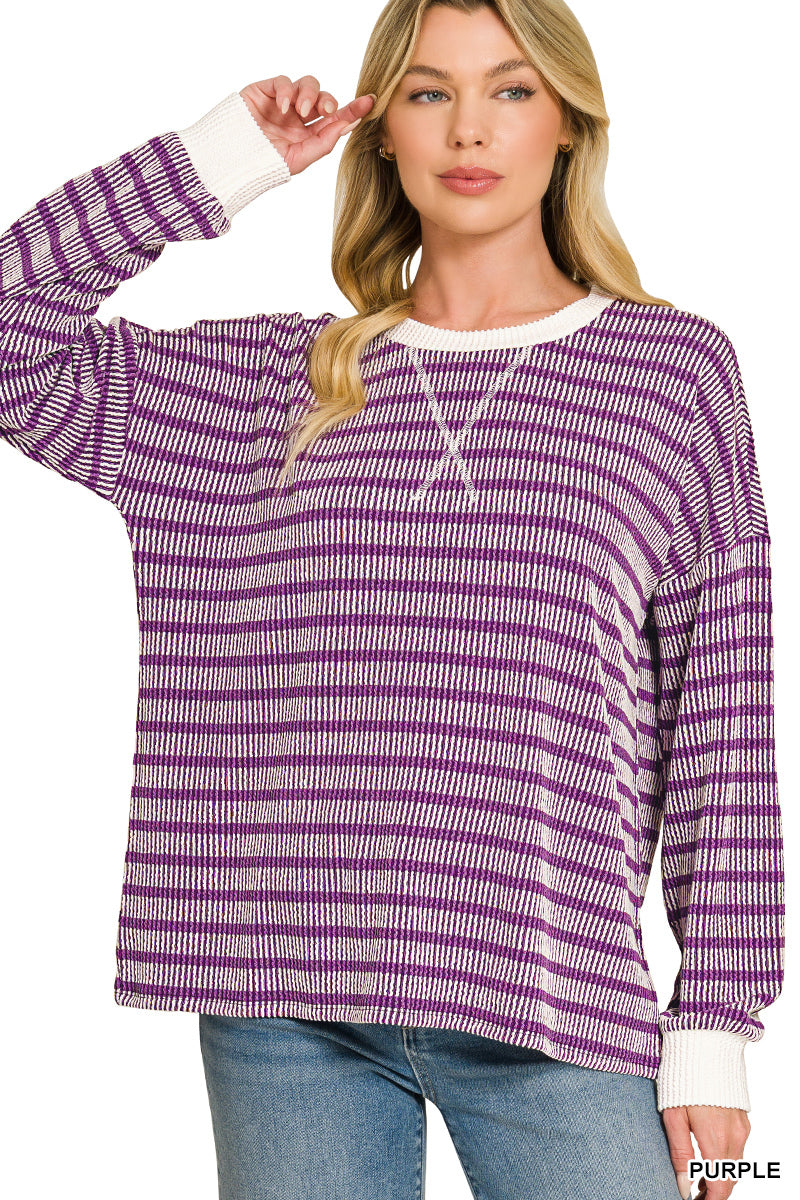 Zenana Raised Rib Striped Round Neck Pullover