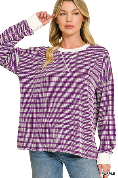 Zenana Raised Rib Striped Round Neck Pullover