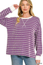 Zenana Raised Rib Striped Round Neck Pullover