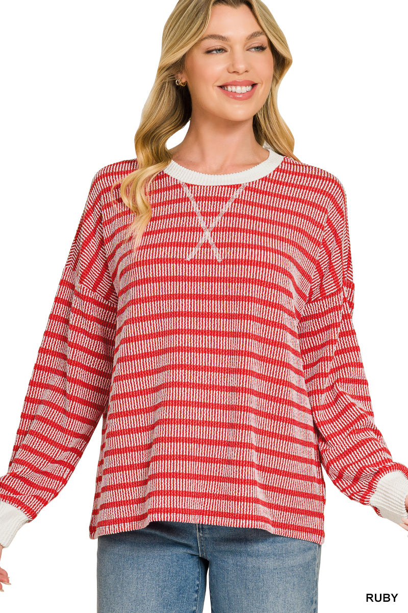 Zenana Raised Rib Striped Round Neck Pullover