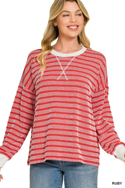 Zenana Raised Rib Striped Round Neck Pullover