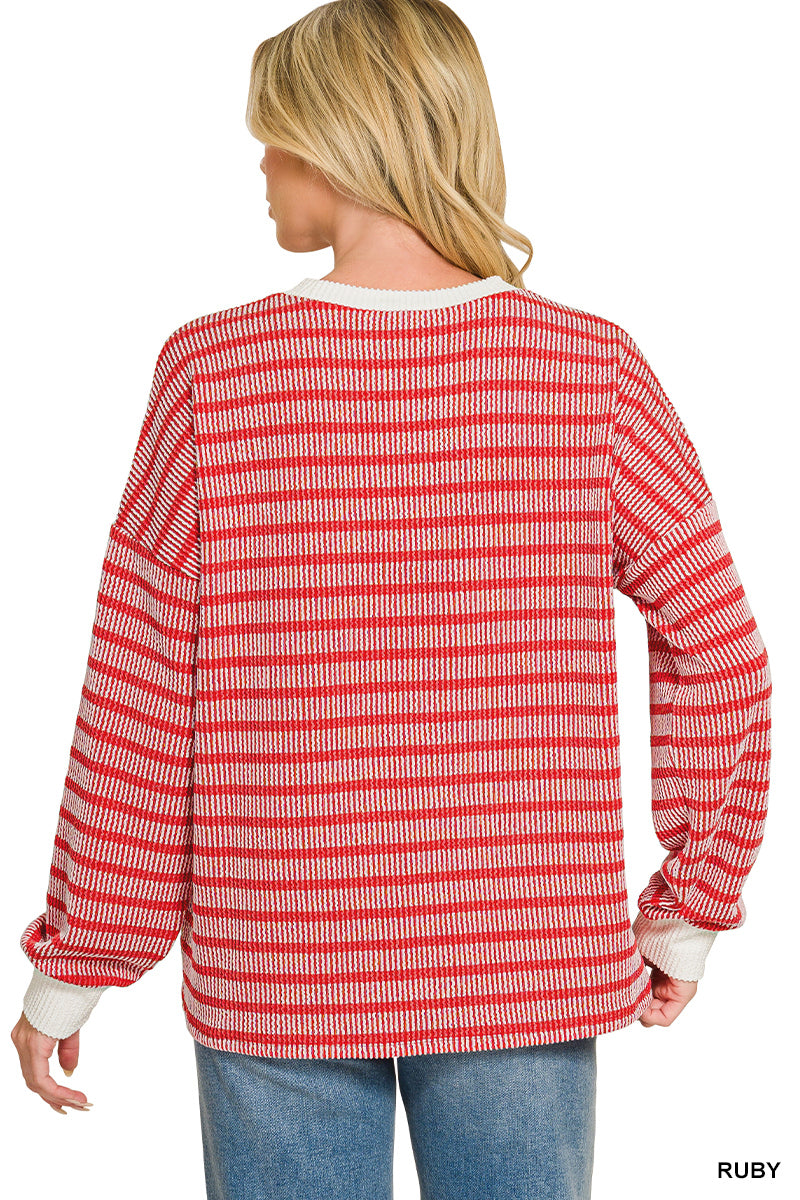 Zenana Raised Rib Striped Round Neck Pullover