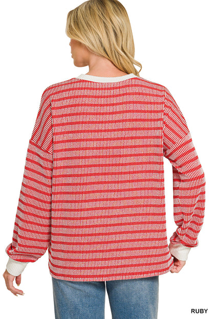 Zenana Raised Rib Striped Round Neck Pullover