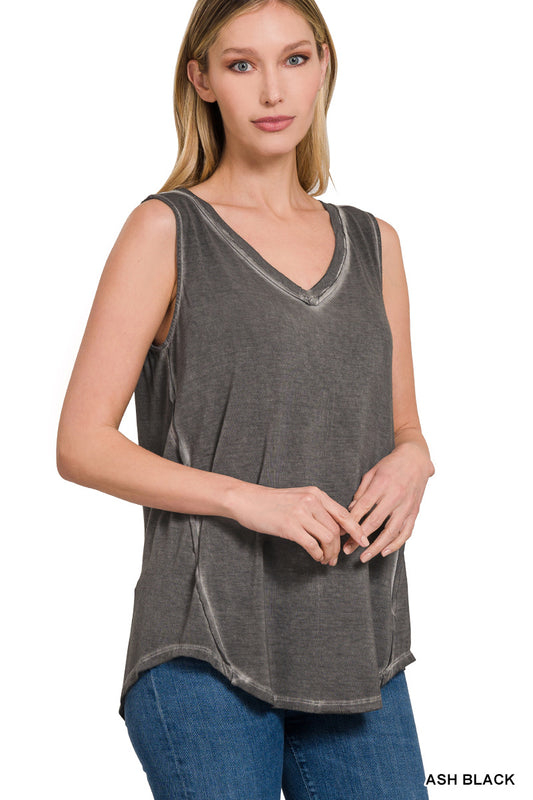 Washed Sleeveless V neck top with hi low Shirt Zenana