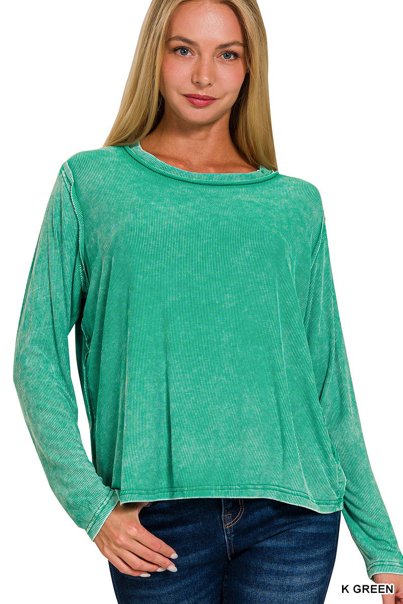 Washed Ribbed Scoop neck long sleeve top Shirt Zenana