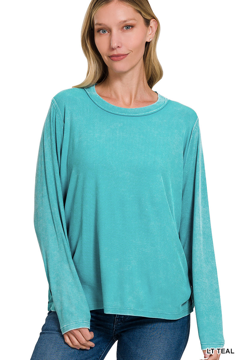 Washed Ribbed Scoop neck long sleeve top Shirt Zenana