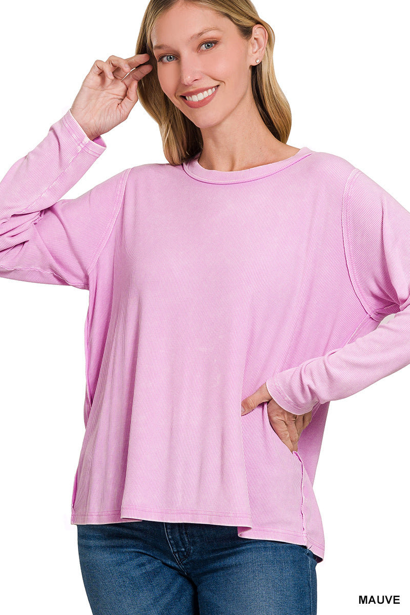 Washed Ribbed Scoop neck long sleeve top Shirt Zenana