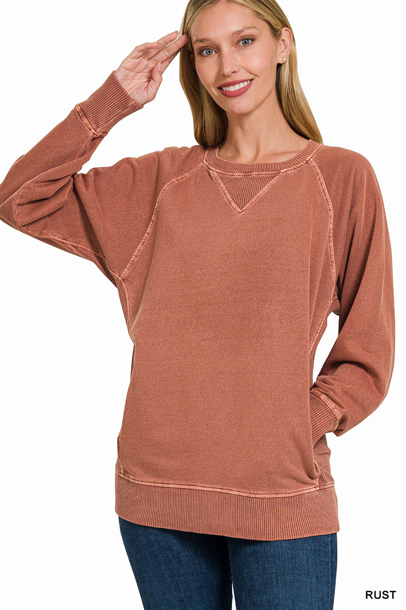 Pigment Dyed French Terry Pullover with Pockets Sweatshirt Zenana