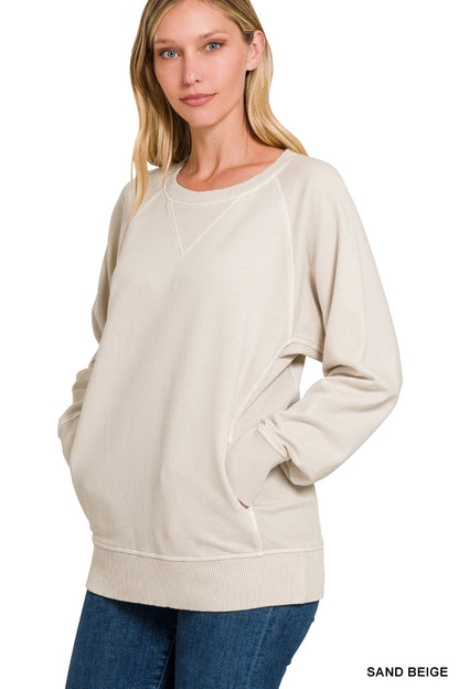 Pigment Dyed French Terry Pullover with Pockets Sweatshirt Zenana