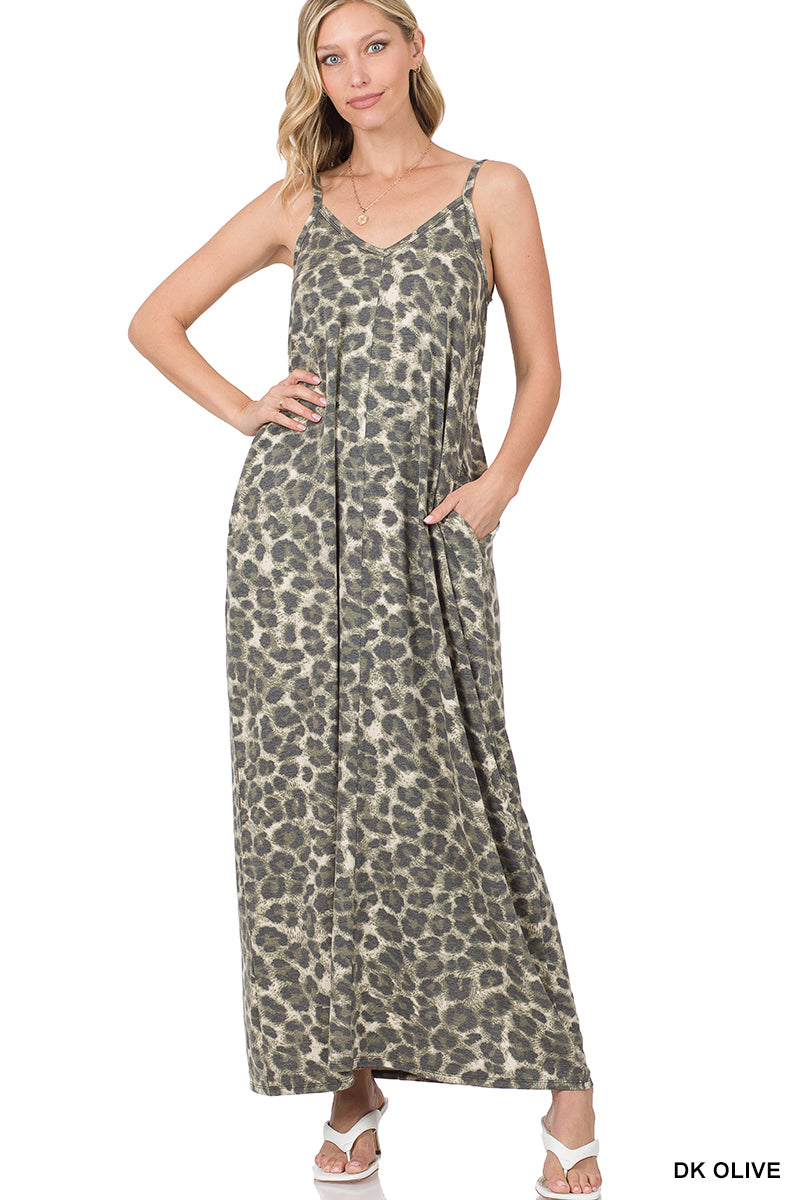 Soft French Terry Leopard Cami Maxi Dress with Pockets