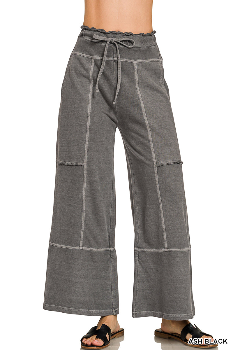 Zenana French Terry Washed Exposed Seam Wide Leg Pants