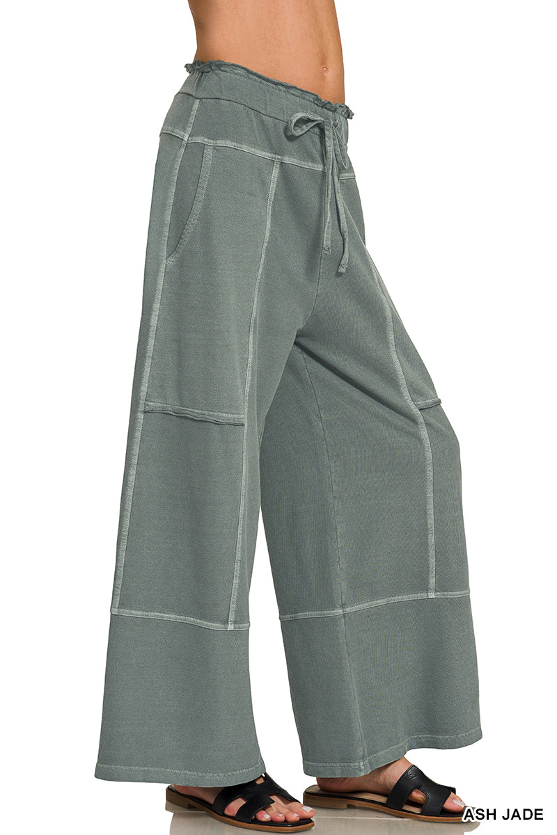 Zenana French Terry Washed Exposed Seam Wide Leg Pants