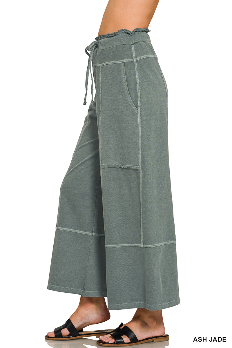 Zenana French Terry Washed Exposed Seam Wide Leg Pants