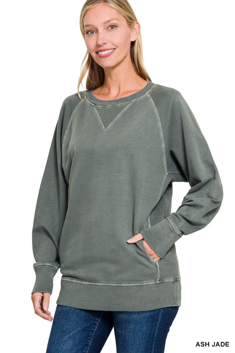 Pigment Dyed French Terry Pullover with Pockets Sweatshirt Zenana