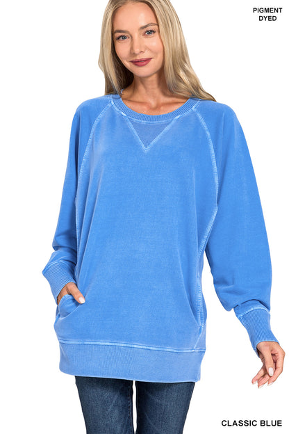 Pigment Dyed French Terry Pullover with Pockets Sweatshirt Zenana