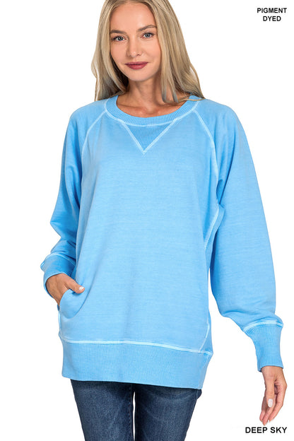Pigment Dyed French Terry Pullover with Pockets Sweatshirt Zenana